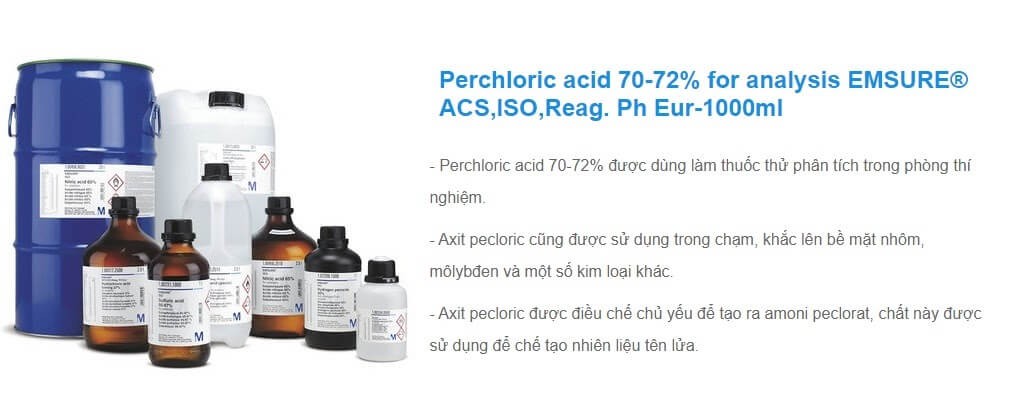 Perchloric acid 70-72% của Merck – Đức được dùng làm thuốc thử trong phòng thí nghiệm